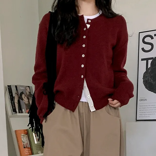 배색 버튼 울 니트 가디건 4color