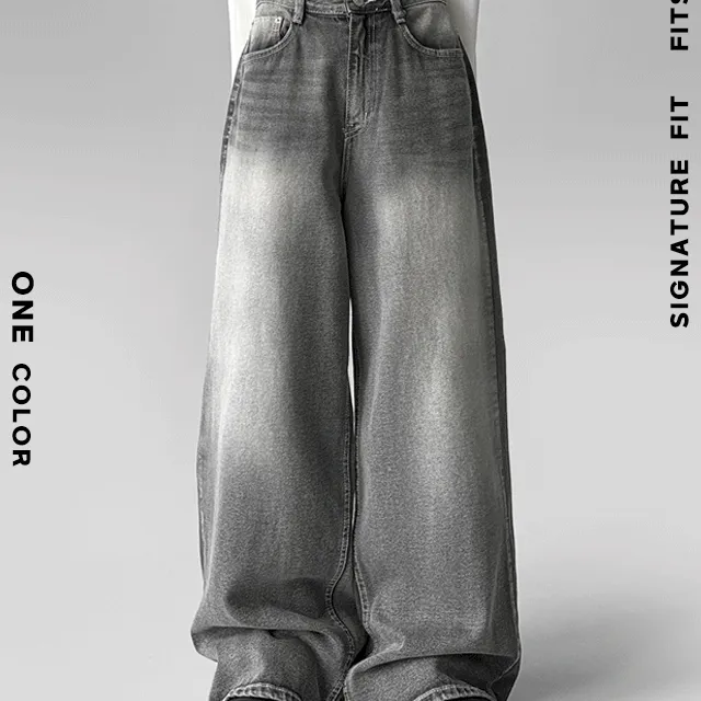 [똑딱 단추/조거핏 가능] 궤도 그레이 밑단 똑딱 2단 조절 단추 통 와이드 텍스쳐 워싱 데님 팬츠 바지