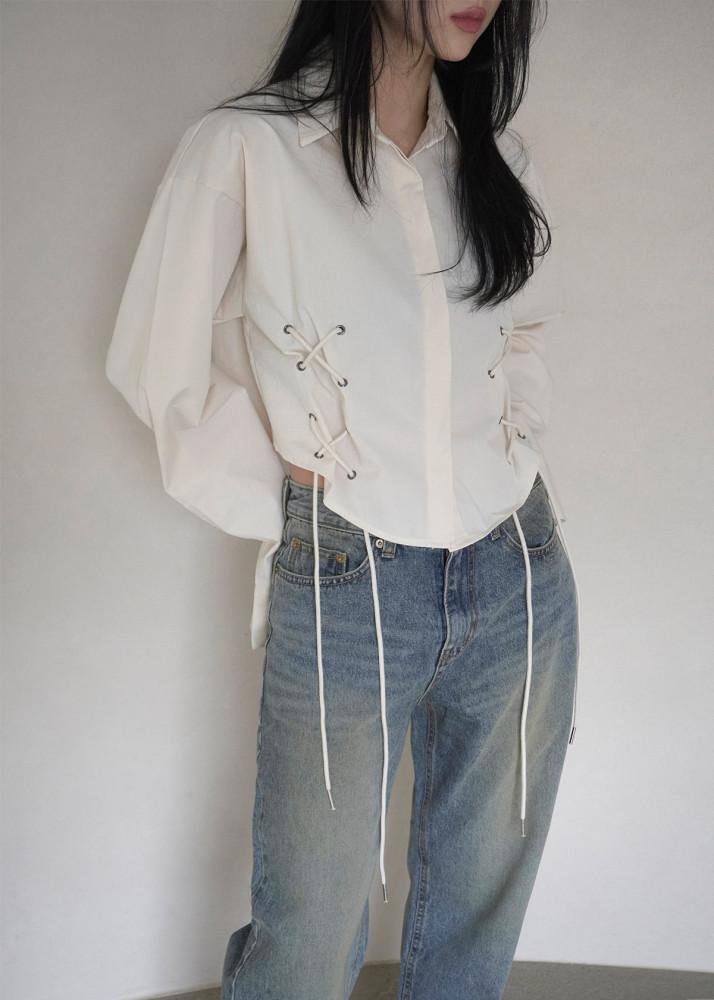 아일렛 크롭 루즈 코튼 셔츠