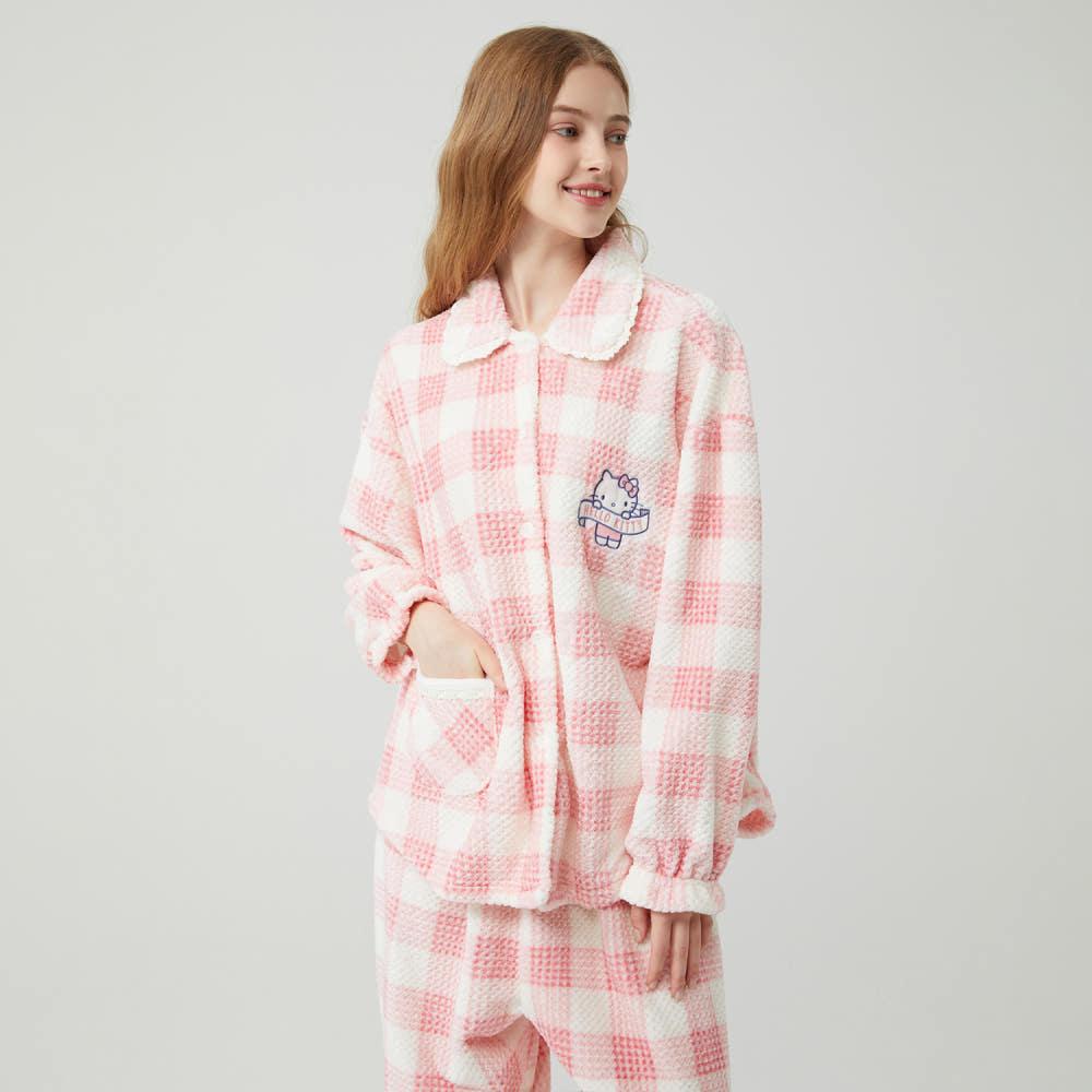 헬로키티 여자긴팔잠옷 핑크 체크 겨울 극세사파자마세트 산리오 키티와플 여성페어