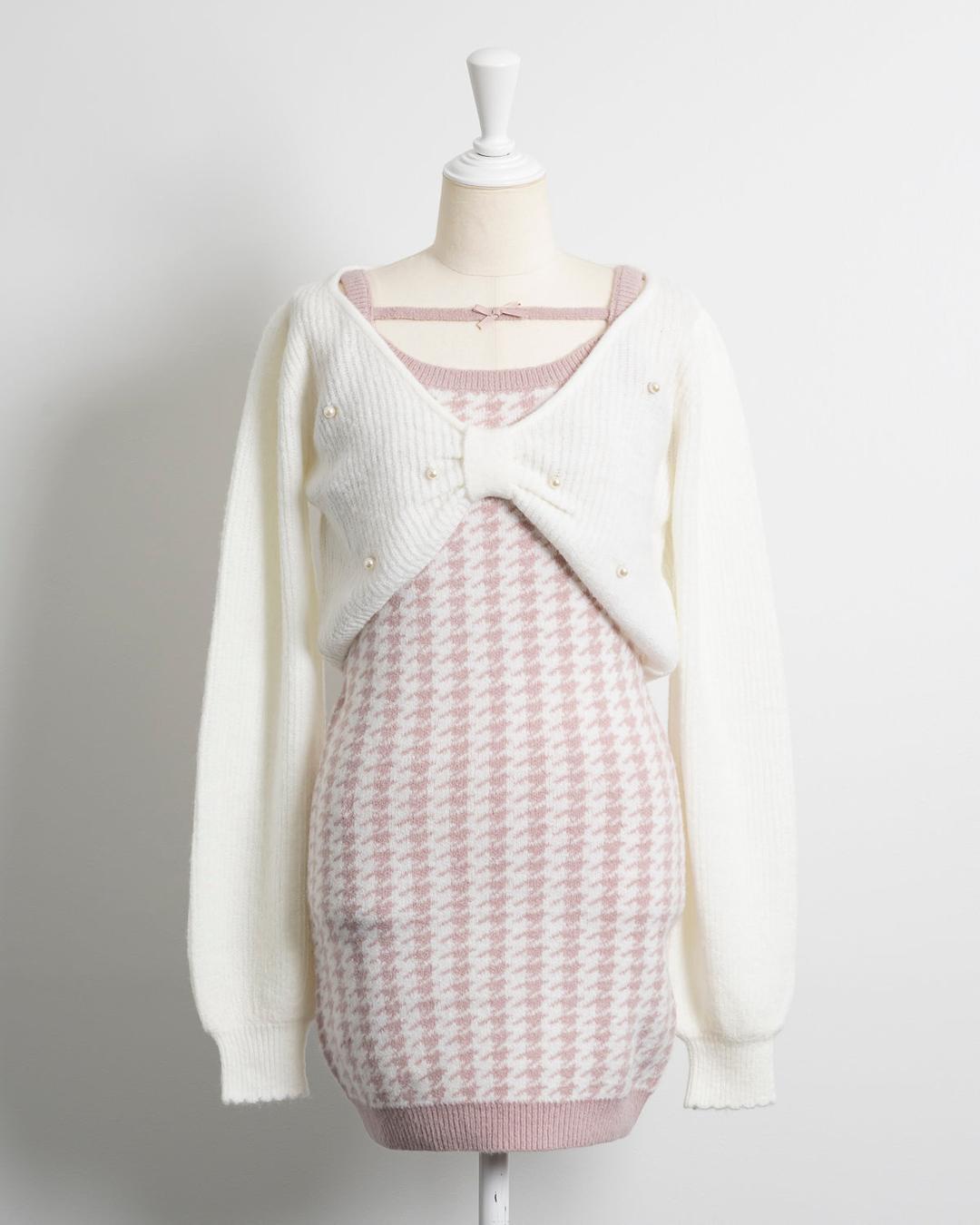 リボンレイヤード千鳥柄ニットワンピ