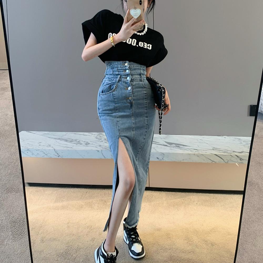 옆트임 하이웨스트 데님 롱치마