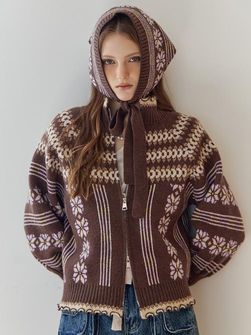 노르딕 패턴 니트 집업 가디건&스카프 세트
