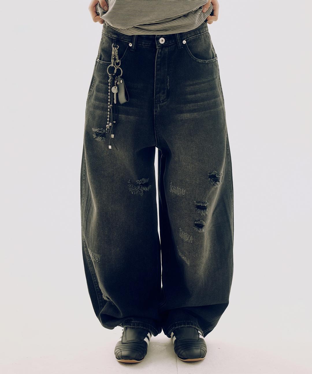 D링 워시드 빈티지 데미지 벌룬 와이드핏 히든 벨티드 데님 팬츠 _ 2COLOR