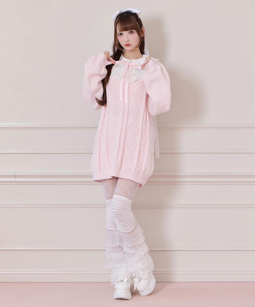 配色ヨークコットンレースニットワンピース