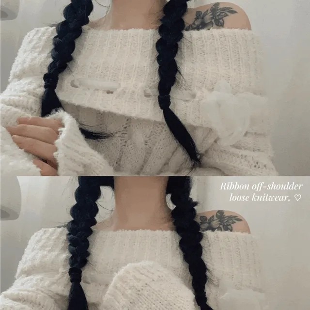 베어 리본 오프숄더 루즈핏 니트