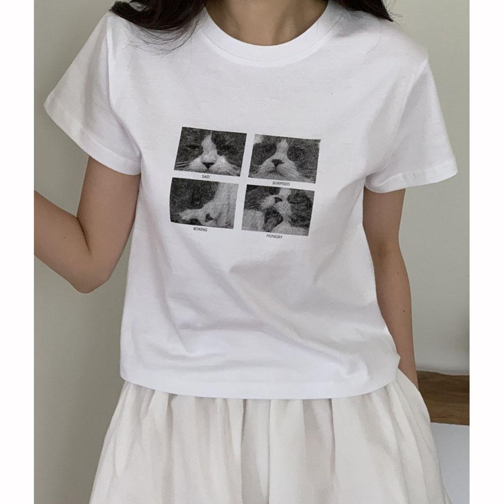 (무료배송) 오버무드 여성 여름신상 인생네컷 고양이 프린팅 라운드넥 세미크롭 미니 반팔티 2color