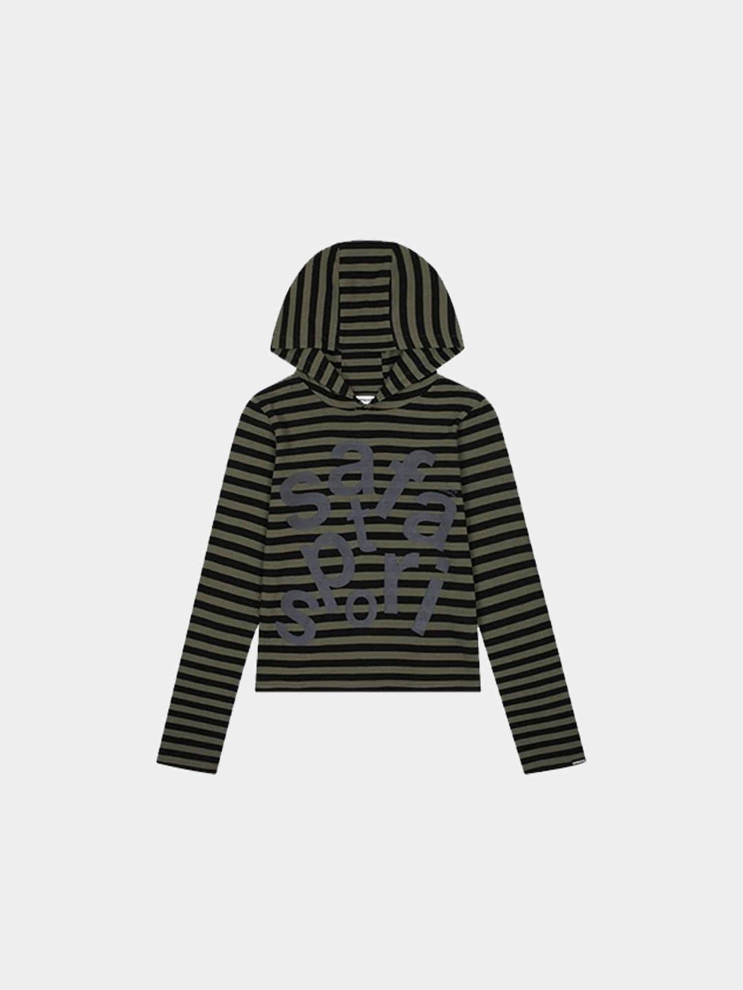 사파리스팟 1/2 TICKETING STRIPE BORDER HOODIE-OLIVE