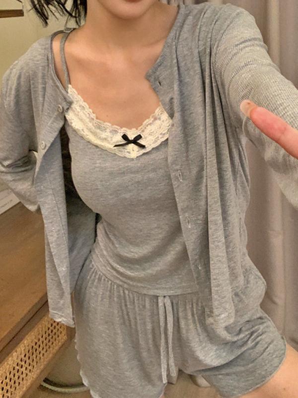 [캡내장] 무드그레이 3pcs 민소매 가디건 상하세트 파자마 잠옷
