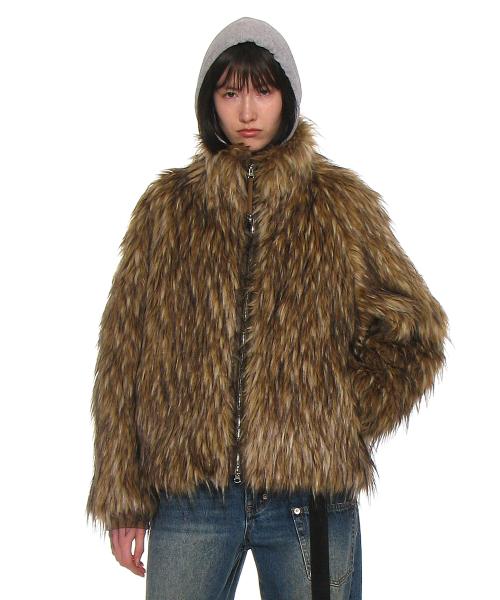 하이넥 퍼 집업 자켓_믹스 브라운