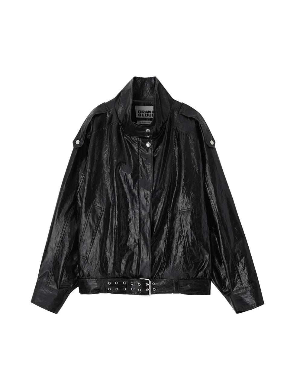 FAUX LEATHER BELTED BLOUSON JACKET_BLACK
