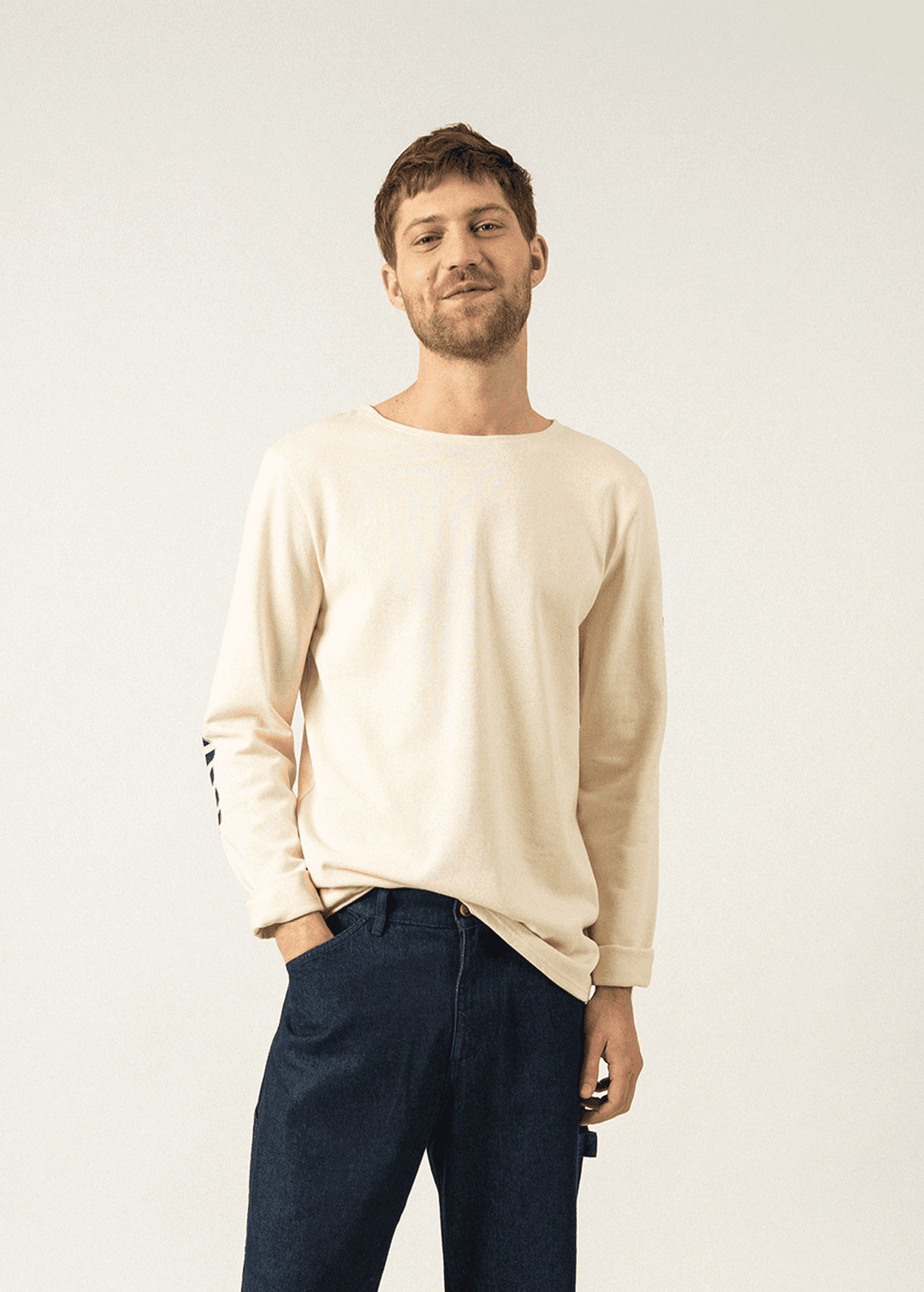 Marinière iconique unie à coudières rayées - en jersey de coton lourd (ECRU/NAVY/ECRU) - ECRU/NAVY/ECRU / 3XL