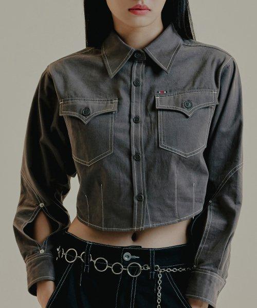 코튼 웨스턴 크롭 셔츠_차콜