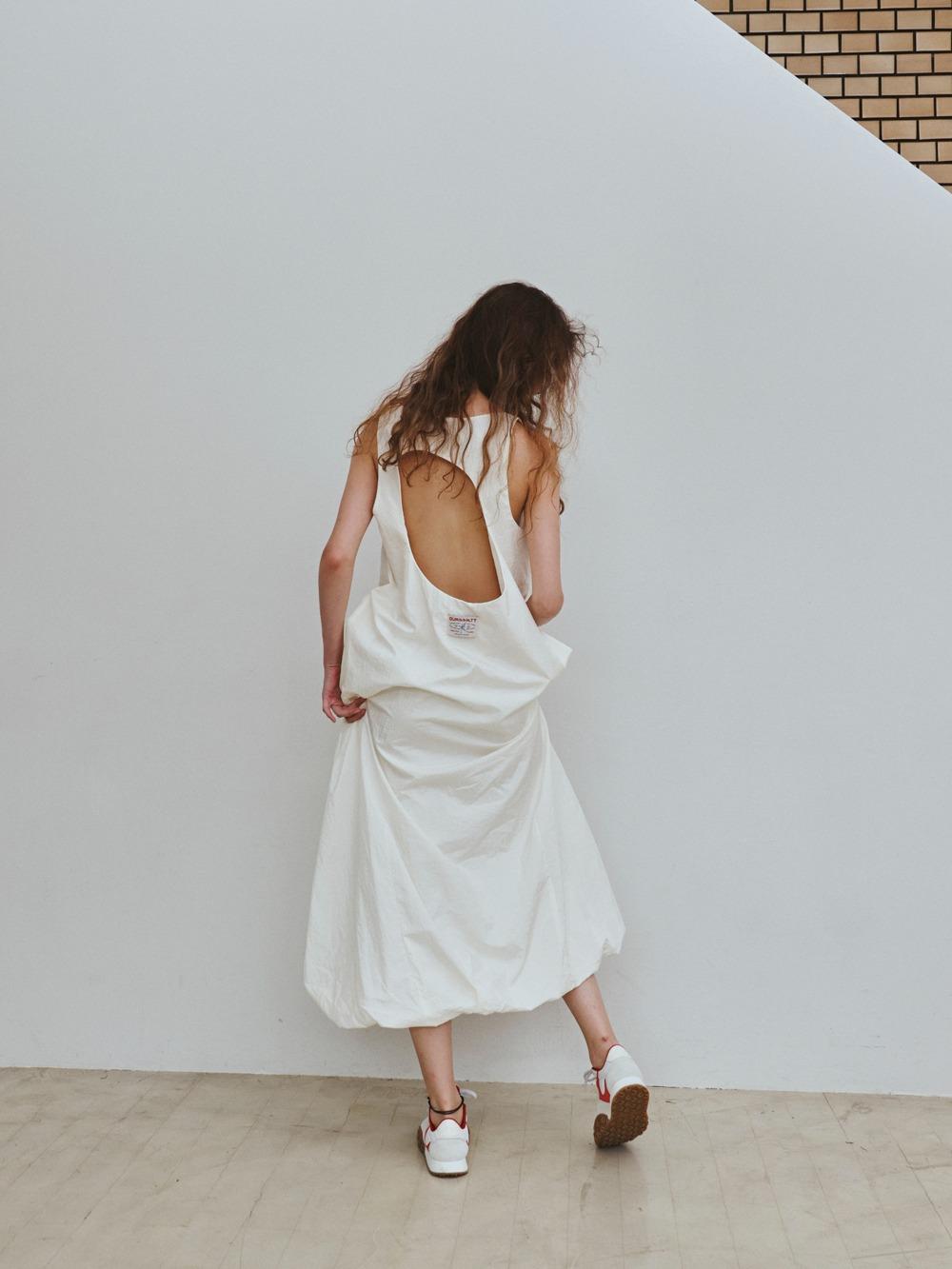 Crunch shirring long dress / Ivory