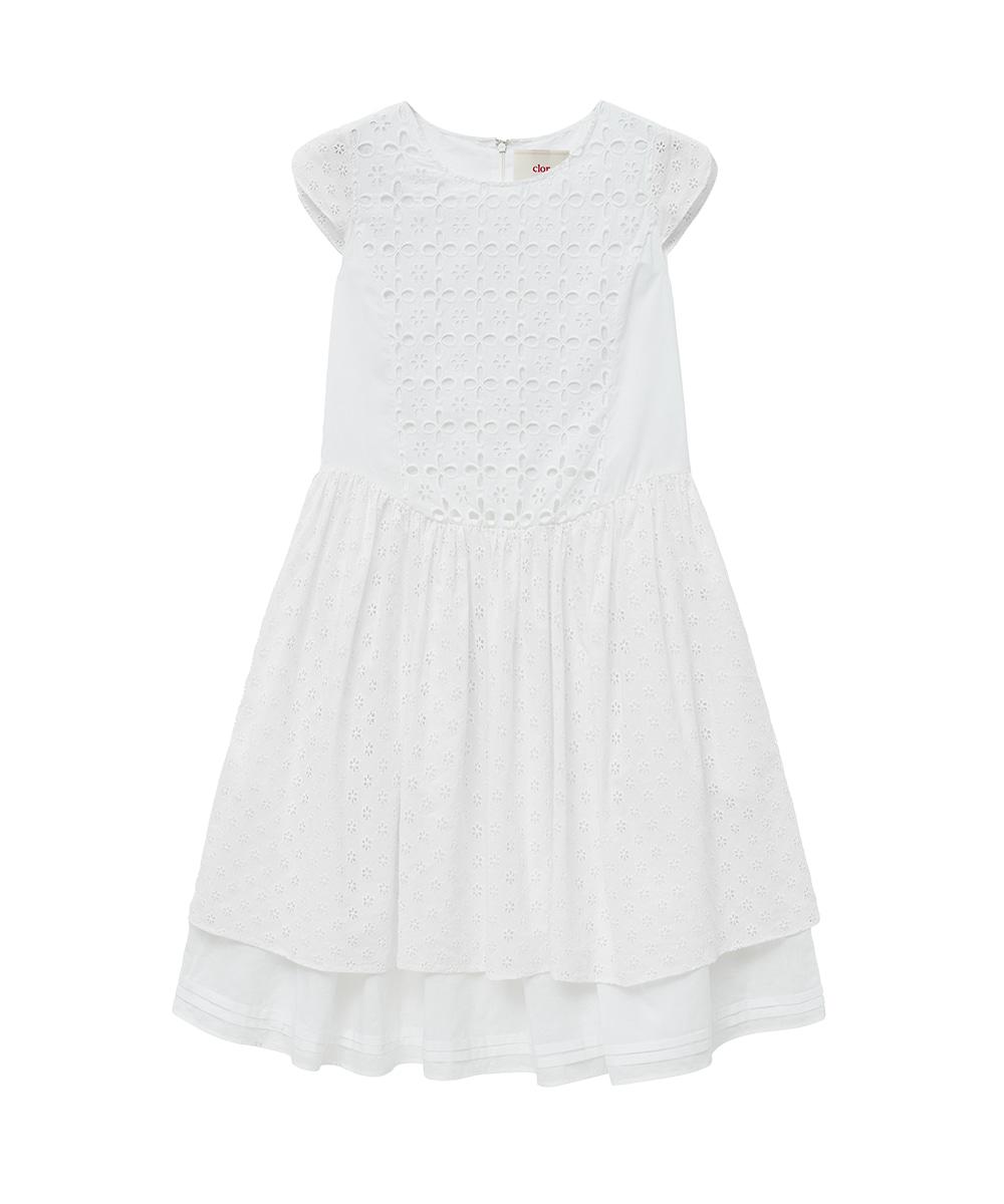 BIG EYELET GATHER DRESS - WHITE