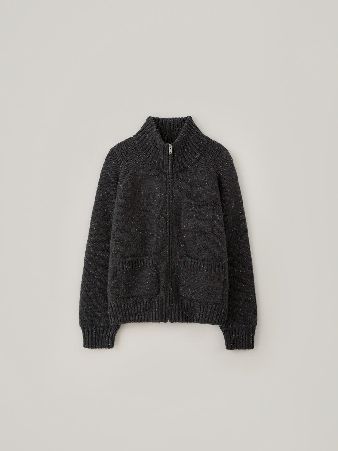 High Neck Zip-Up Knit Cardigan - Charcoal