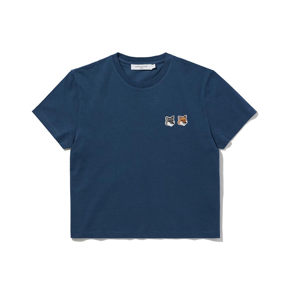 (W) 메종키츠네 더블 폭스헤드 패치 크롭 티셔츠 - 블루데님 (JW00147KJ0008 P468)