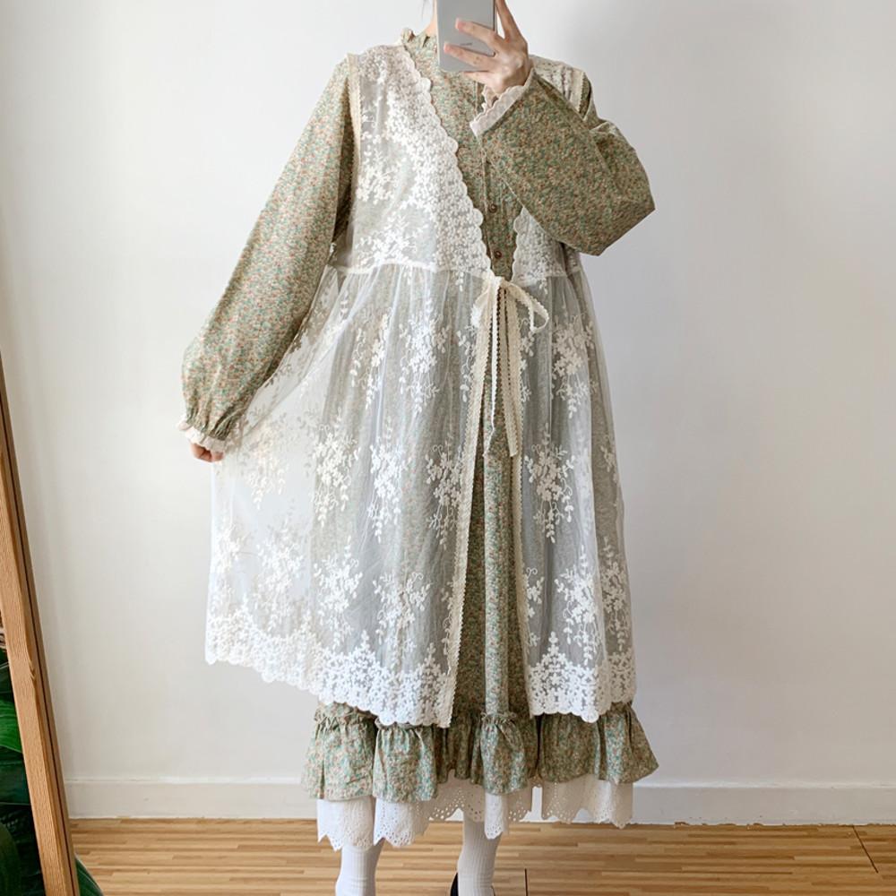 [로켓베이비돌즈] 레이스 롱 베스트/여성 시스루 자수 조끼 봄 여름 그래니룩 모리걸 하구미