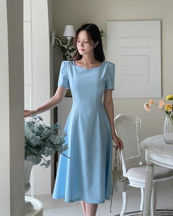 뮤리아 트위드 노치 셔링 플레어 원피스