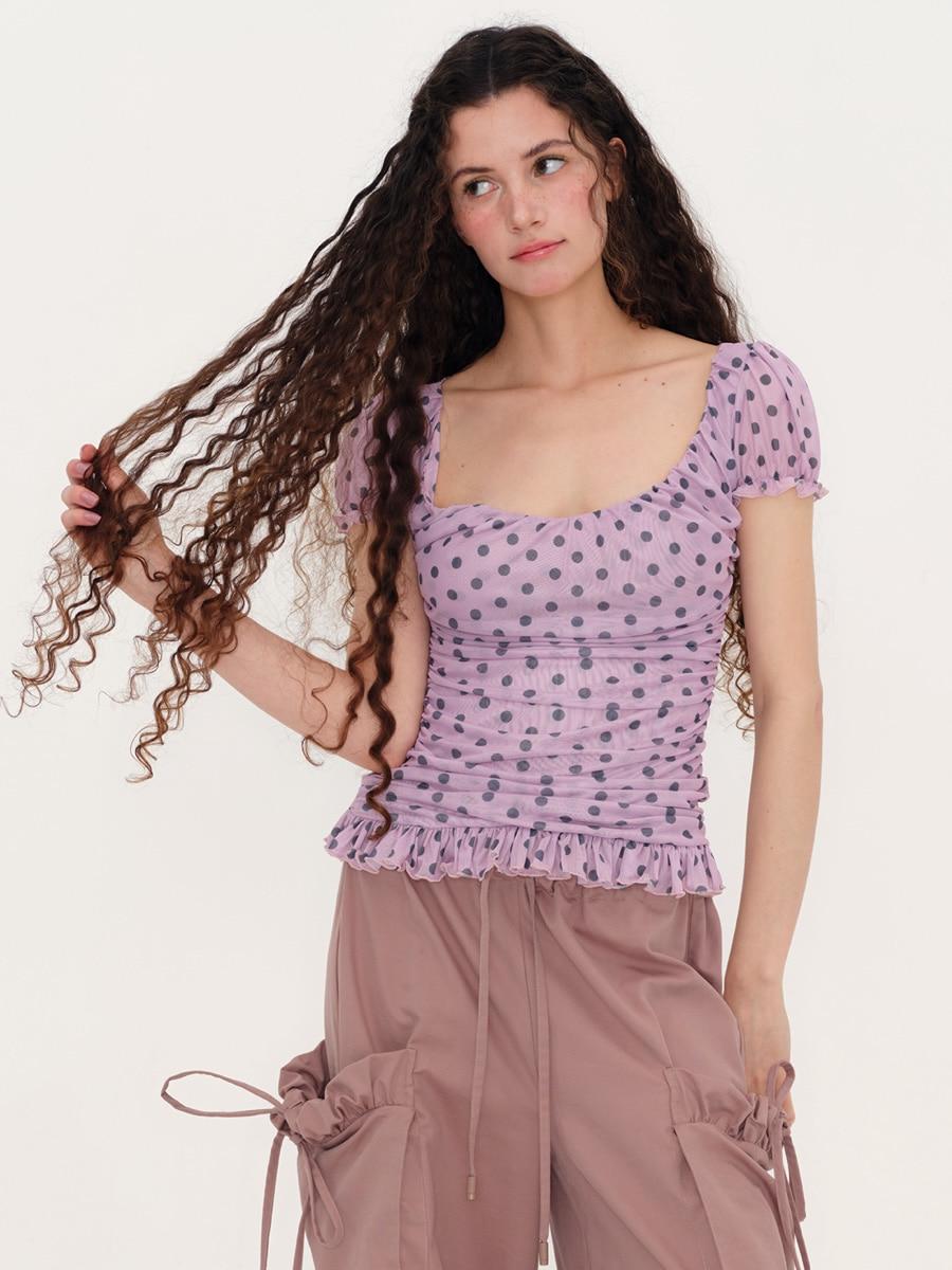 HELLOHOW Mesh Wrinkle Lace Top (2color)