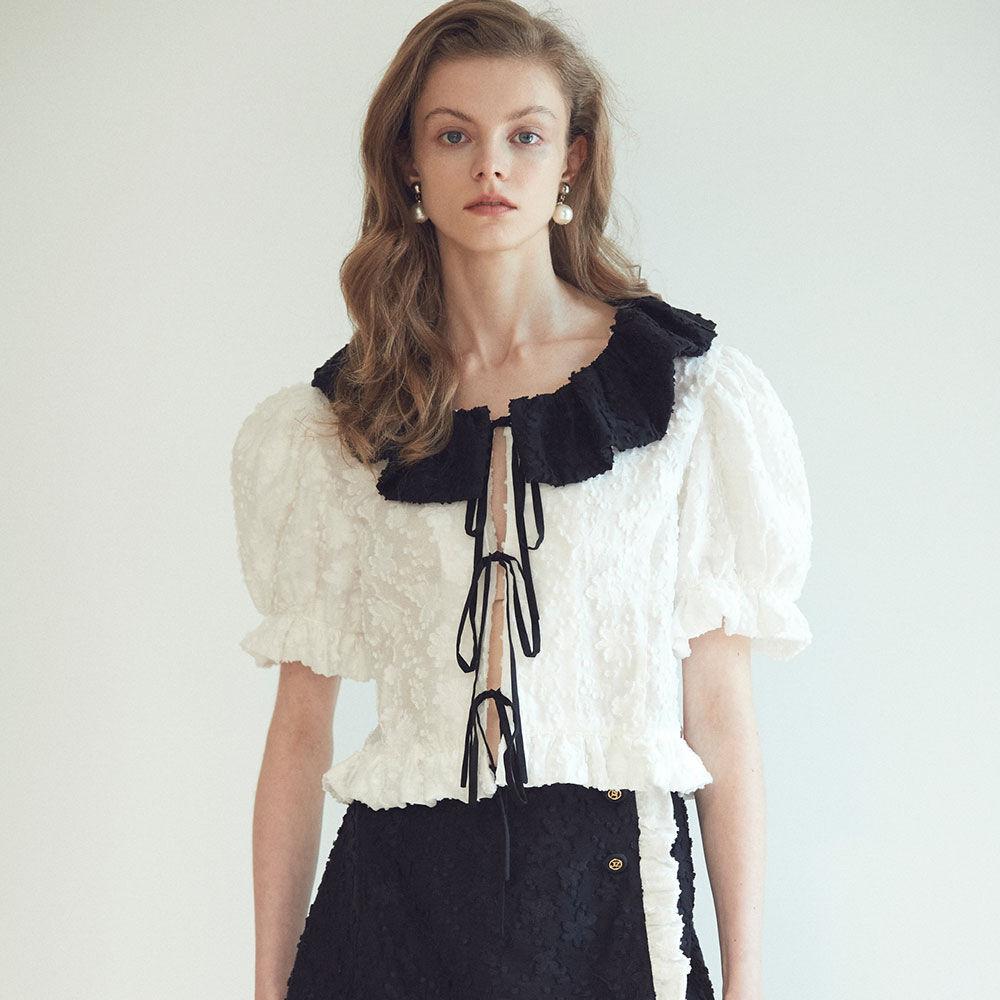 RIBBON TIE RUFFLE BLOUSE - WHITE