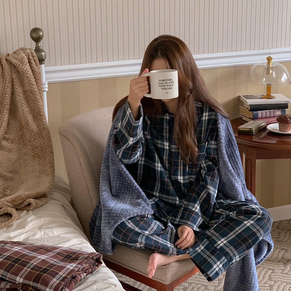 J’eu 오디너리 코튼 체크 긴팔 파자마세트 couple, 2color