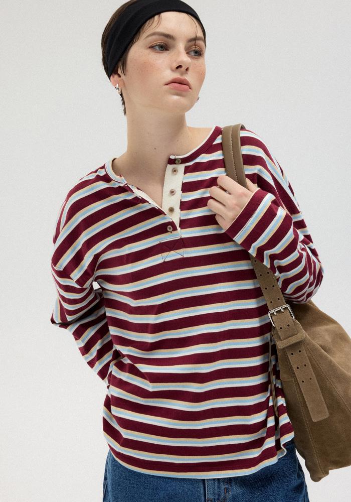 [4th] STRIPE HENLEY T-SHIRT_BURGUNDY