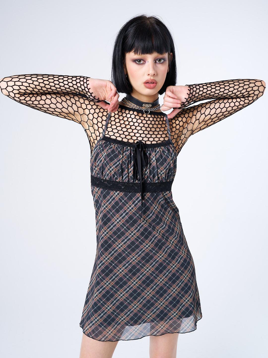 Iza Tartan Lace Trim Mini Dress - XS / Yellow