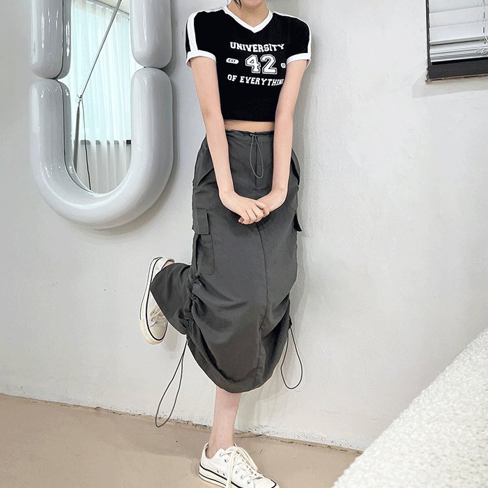 [스트링조절!/비침없음!!] 모에 셔링 카고 포켓 트임 롱 스커트