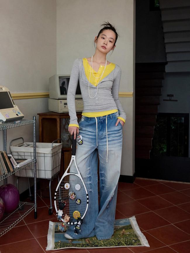 [1JINN STUDIO] Henley Faux Two-piece Top