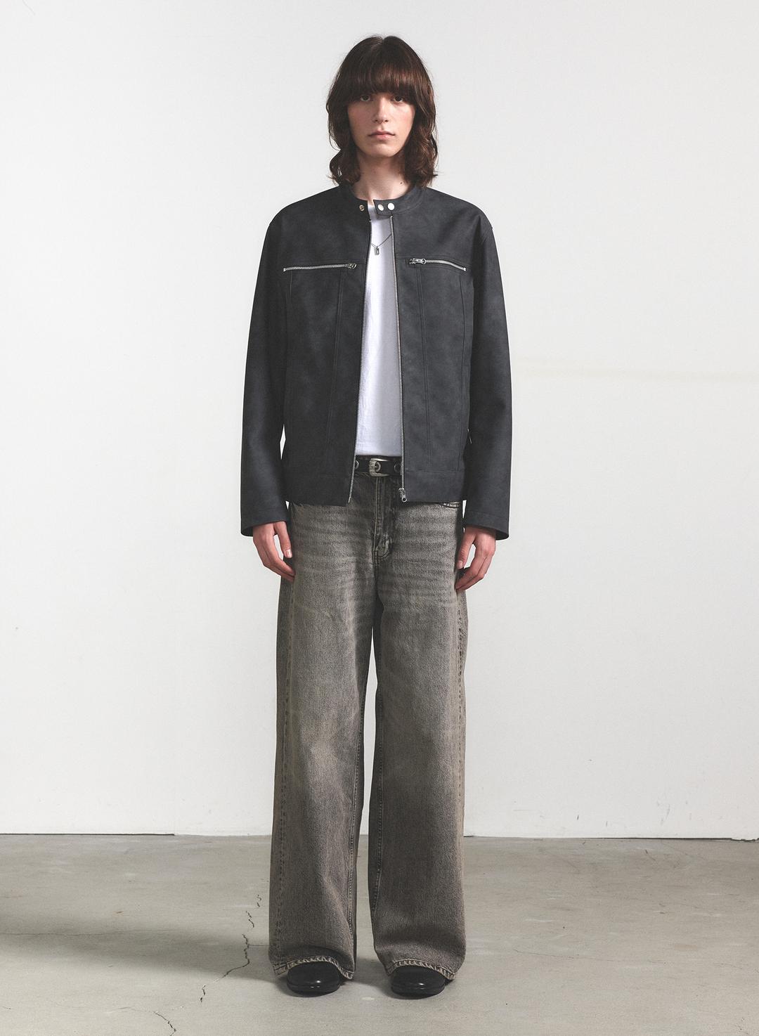 LEATHER BIKER JACKET (GREY)