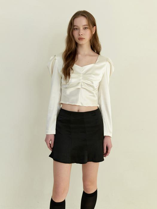 satin puff shirring blouse - cream