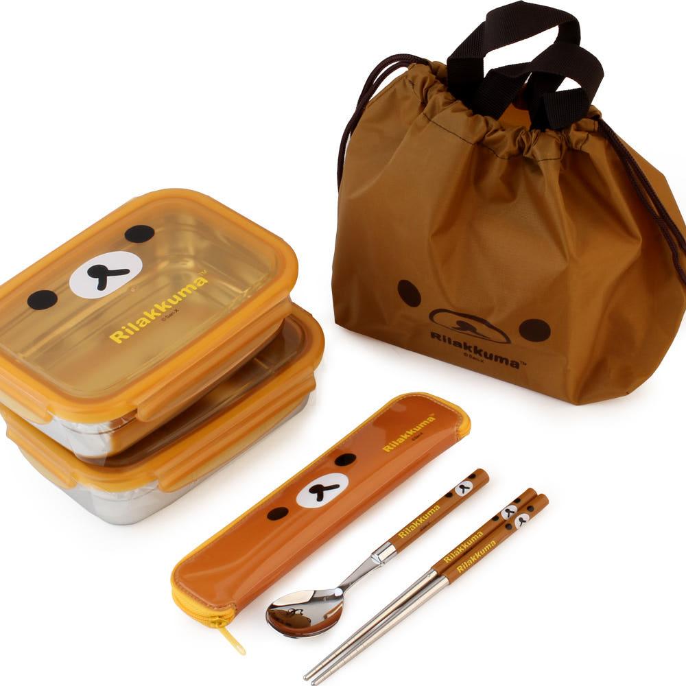 리락쿠마 가방 2단 큰 스텐 도시락+수저젓가락+수저케이스 세트/어린이 소풍 도시락통