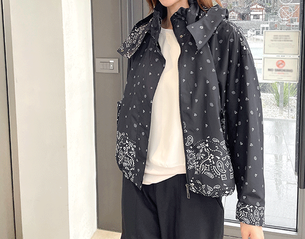 53309/페이즐나염 하이넥 후드바람막이