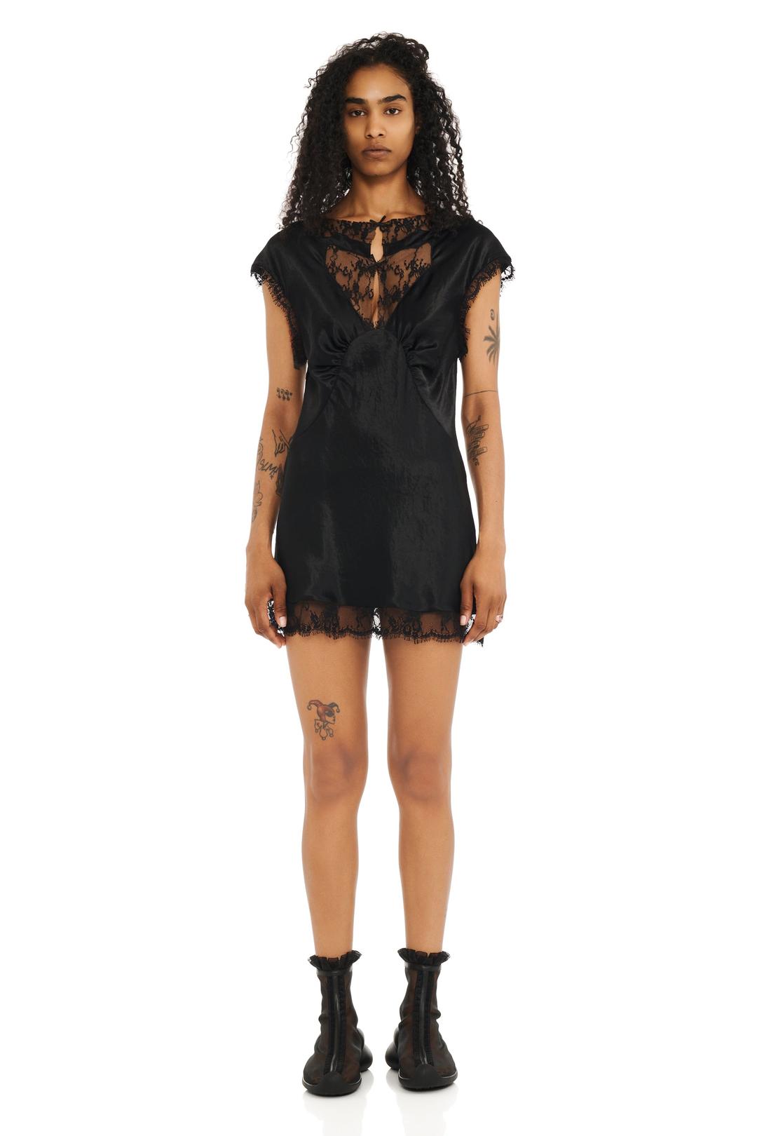 BLACK SATIN WATERLILY MINI DRESS - X SMALL
