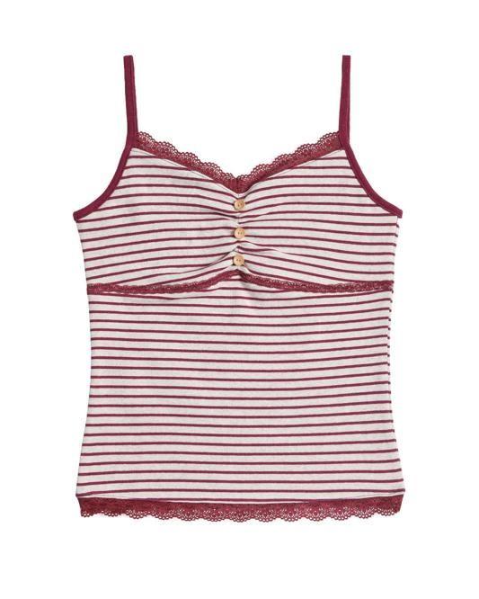 [HETIT] Button Stripe Lace Tank Top (Berry)