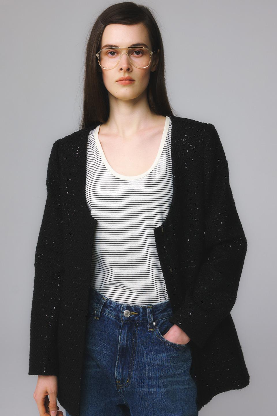 Sequin Tweed U Neck Jacket / Black