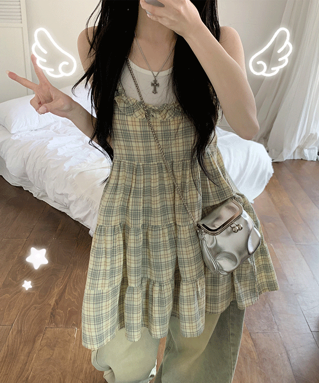 [여리무드❤️/활용도up!] 베로디 빈티지 체크 프릴 캉캉 민소매 레이어드 뷔스티에 끈조절 나시 미니 원피스 여리 러블리룩 모리걸 여행룩 휴가룩