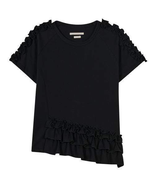 Asymmetrical Ruffle Trim Raglan Top [Black]