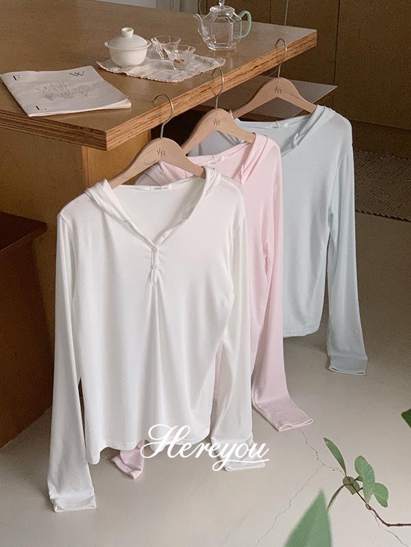 유리에 살안타템/러블리룩💗 [here you] 젤리 단작 후드 tee - 3color (후드티/긴팔티/긴팔티셔츠/단작티/버튼/파스텔/레이어드/봄신상)