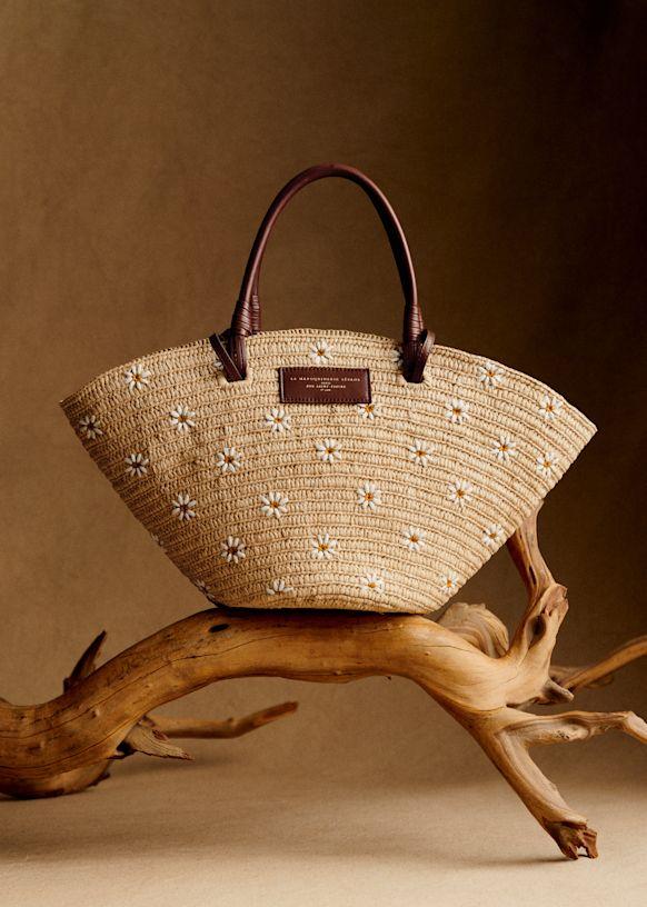 Justine Basket Bag - Embroidered Flowers - Raffia - Sézane