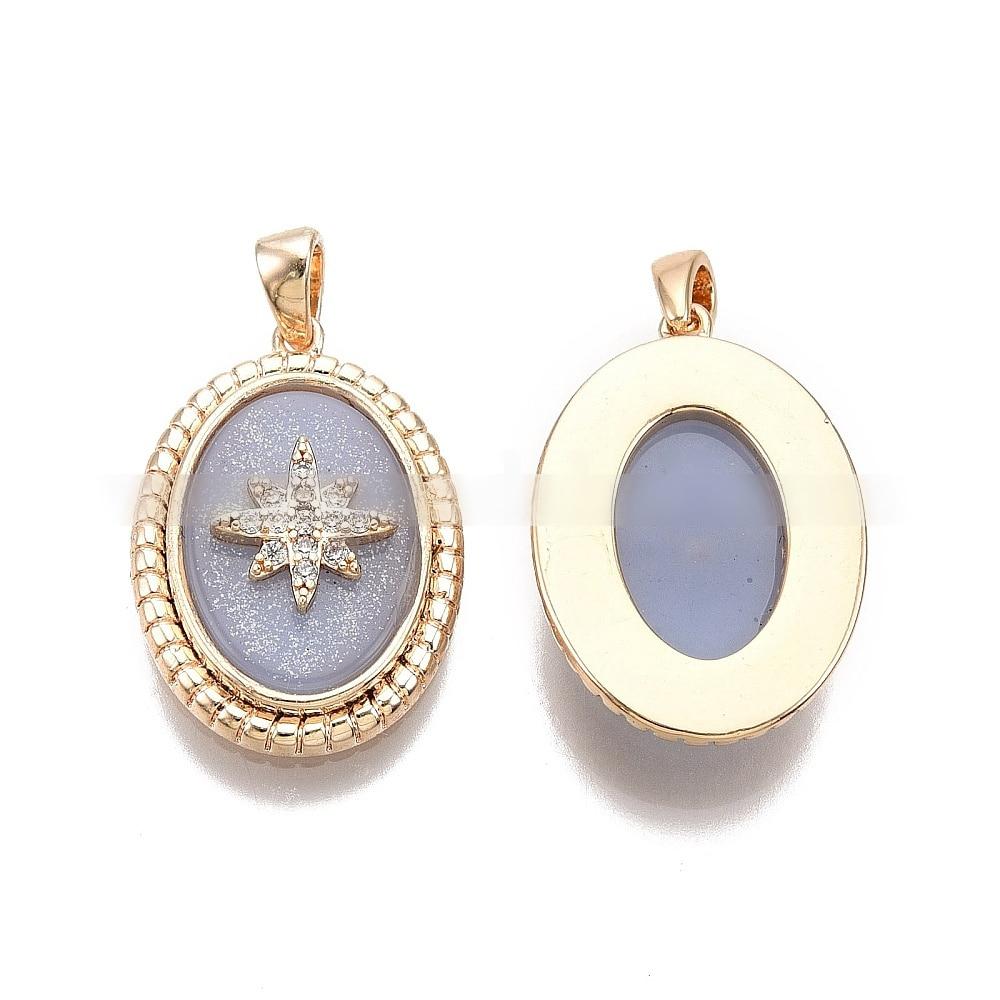 황동마이크로파베클리어큐빅지르코니아펜던트/with합성스톤/니켈프리/타원형with별/리얼18K금도금/21.5x15x4.5mm/구멍:3.5x2mm