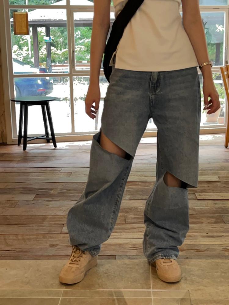 여자 사계절 ﻿ykk 사선 칼 컷팅 데님 구제 와이드 팬츠