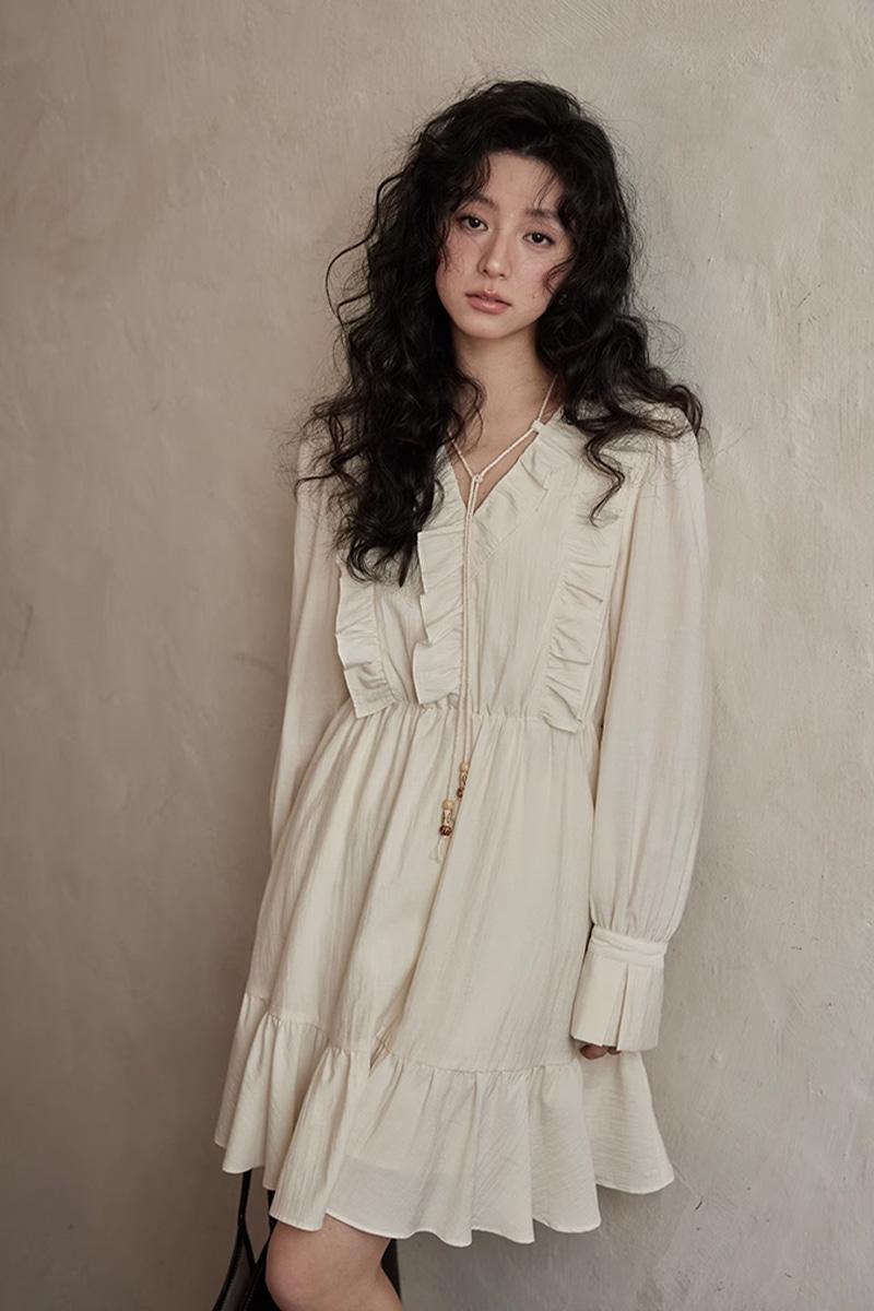 브이넥 러플 레이스업 드레스