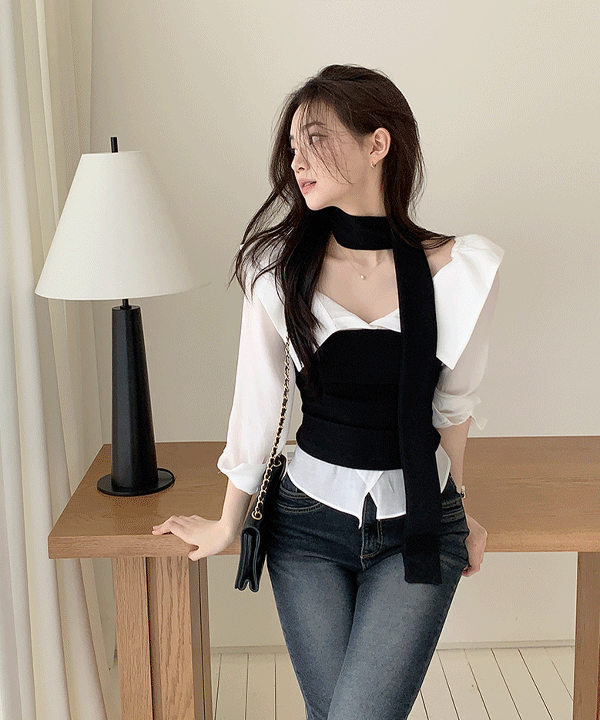 퍼빗 [타이옵션] 엔젤라 레이어드 니트 세미오프 블라우스 - 2color