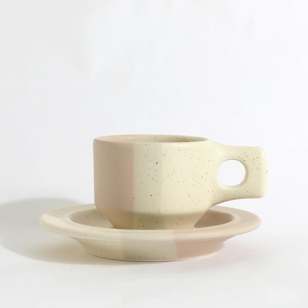 Color Block Line Flat Cup & Saucer - Terre Sienne