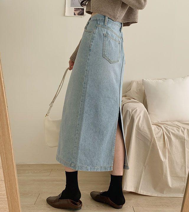[하이웨스트] 백슬릿 데님 롱스커트 (3color)_321g