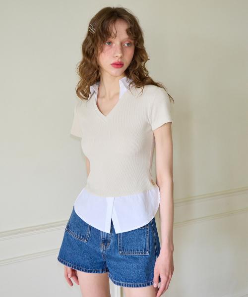 Shirt Detail V-neck Short Sleeve T_ Ivory