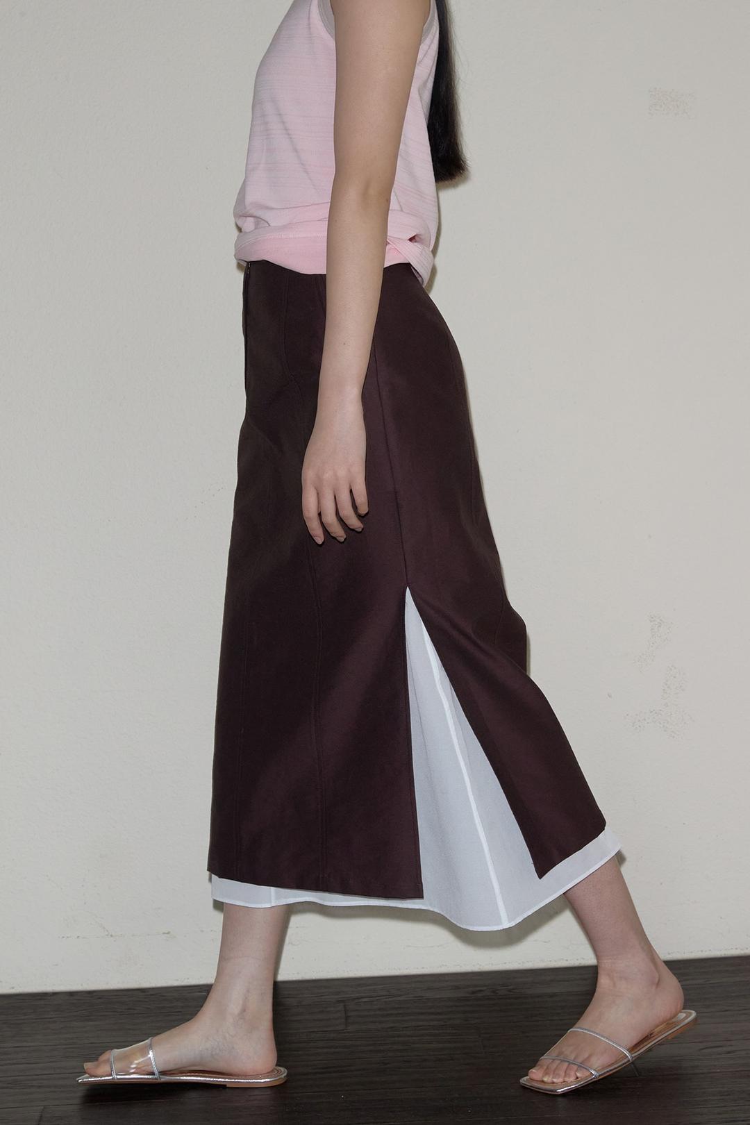 Sheer layerd slit skirt(red brown)