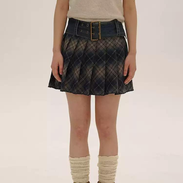 MOROMORO2 모로모로 치마 아메리카 레트로 빅벨트 플리츠 체크 스커트